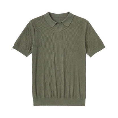 Textured Knit Polo Shirt - oukumen