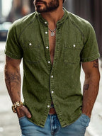 Acid-Wash Mandarin-Collar Shirt