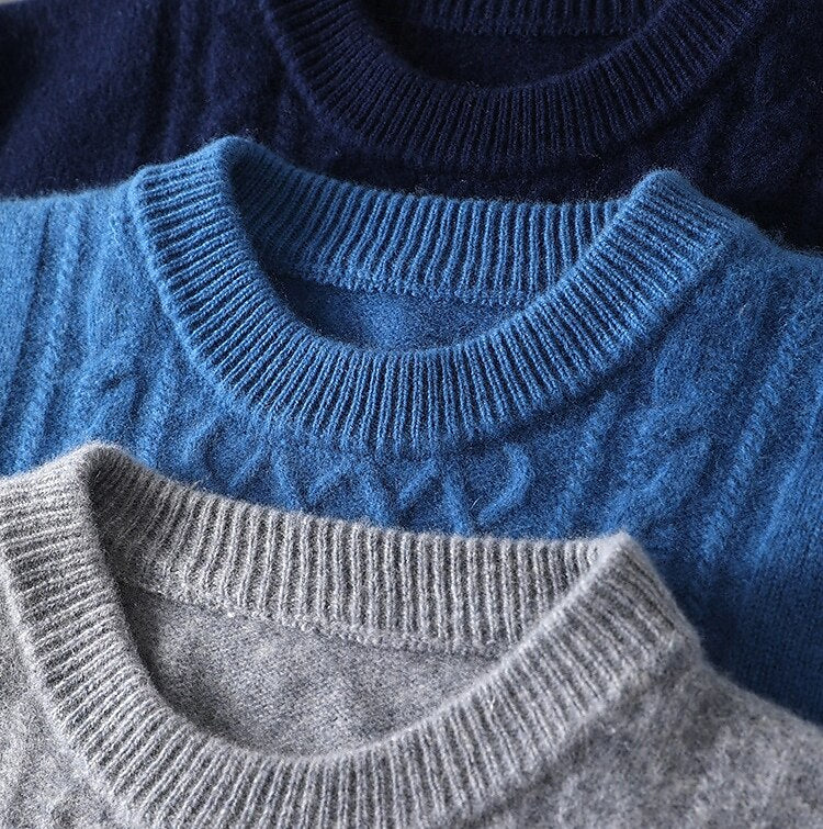 100% Merino Wool Crew Neck Jacquard Sweater - oukumen