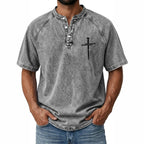 Distressed Acid-Wash Henley Shirt