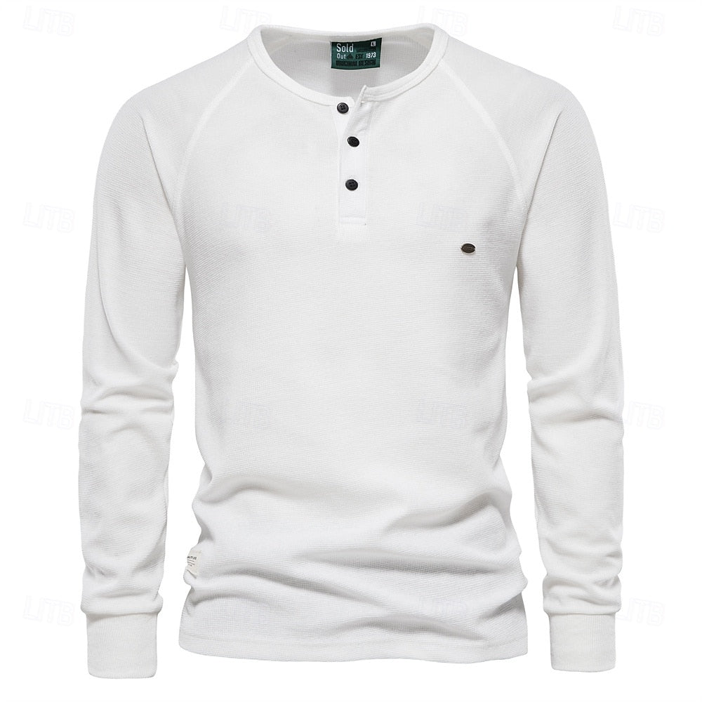 Waffle Henley Basic Long Sleeve T-Shirt - oukumen