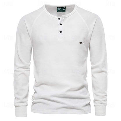 Waffle Henley Basic Long Sleeve T-Shirt - oukumen