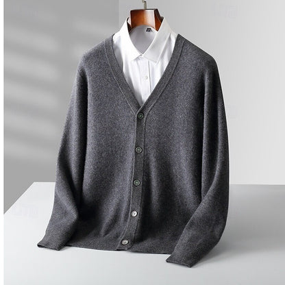 100% Merino Wool V Neck Knitwear Cardigan Sweater - oukumen