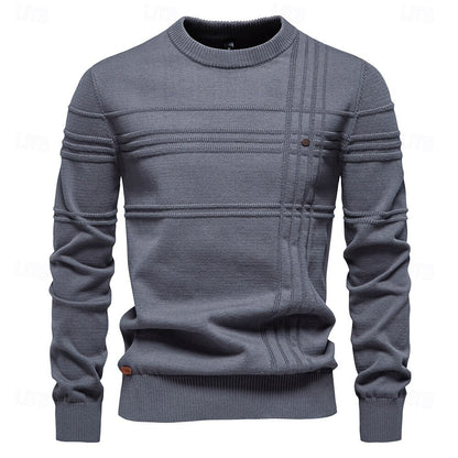 Cotton Knitted Stripped Crew Neck Pullover Sweater - oukumen