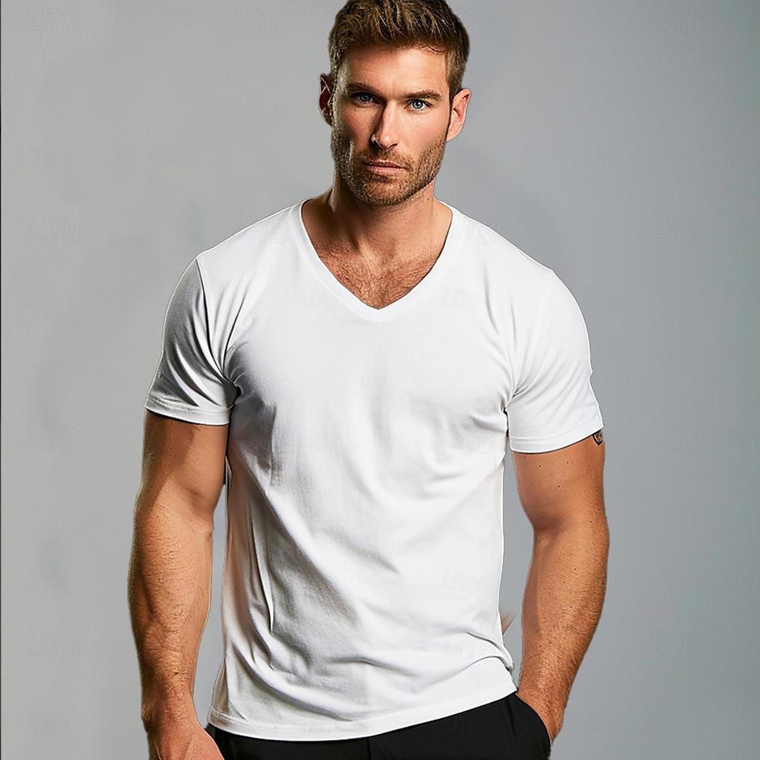 100% Cotton V Neck Short Sleeves T shirt Tee - oukumen