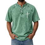 Distressed Acid-Wash Henley Shirt