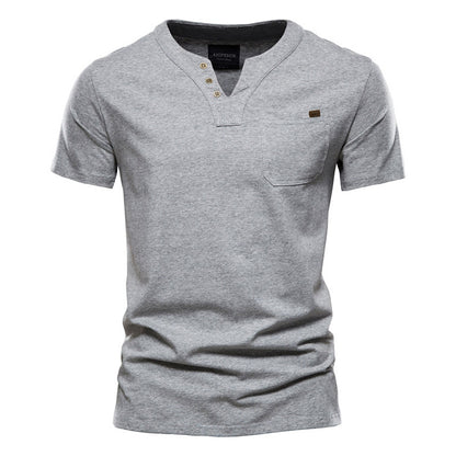 100% Cotton V-Neck Pocket T-Shirt - oukumen