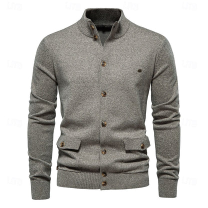 Knitted Stand Collar Cotton Cardigan - oukumen