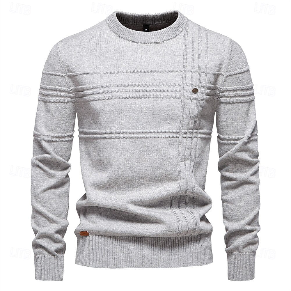 Cotton Knitted Stripped Crew Neck Pullover Sweater - oukumen