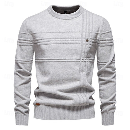 Cotton Knitted Stripped Crew Neck Pullover Sweater - oukumen