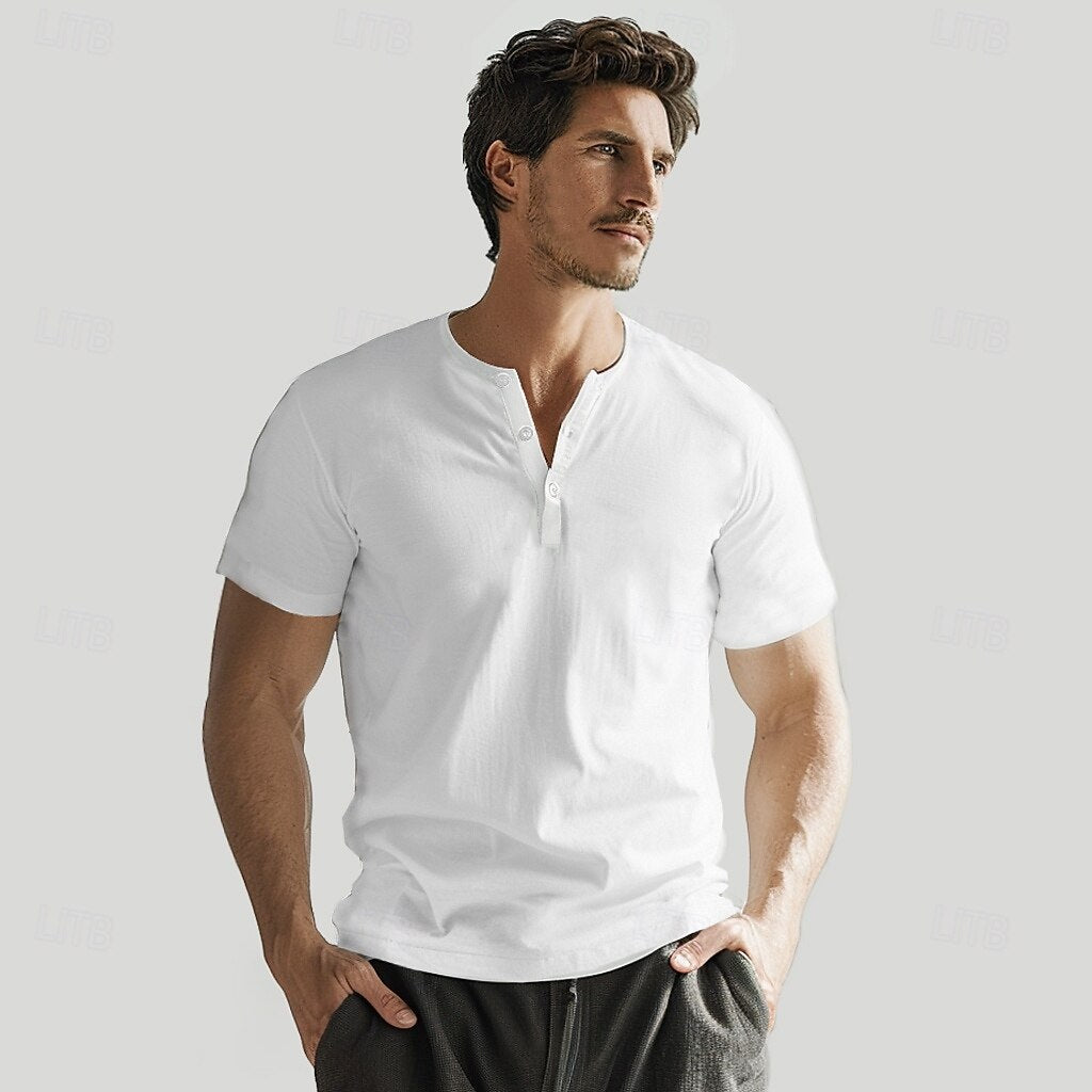 100% Cotton Solid Color Henley T Shirt - oukumen