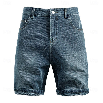 Knee-Length Texture Jean Shorts - oukumen