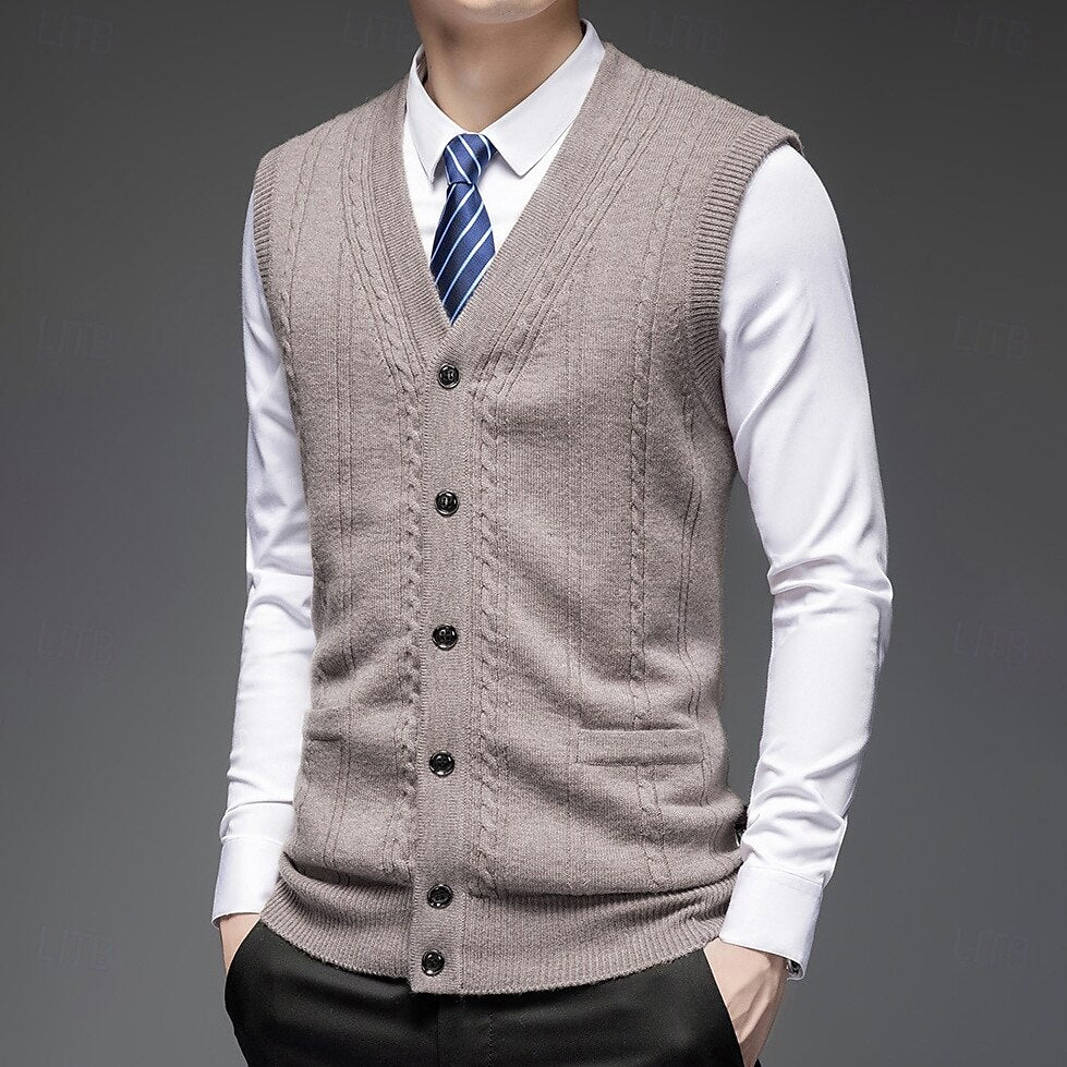 100% Wool V Neck Knit Sweater Vest - oukumen