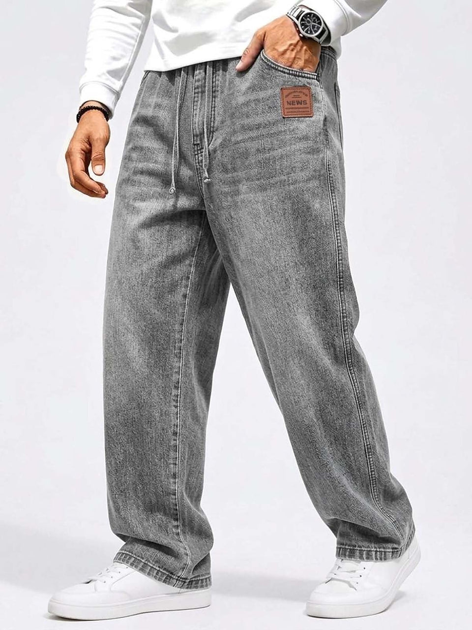 Patch-Detail Drawstring Jeans