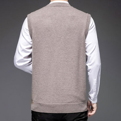 100% Wool V Neck Knit Sweater Vest - oukumen