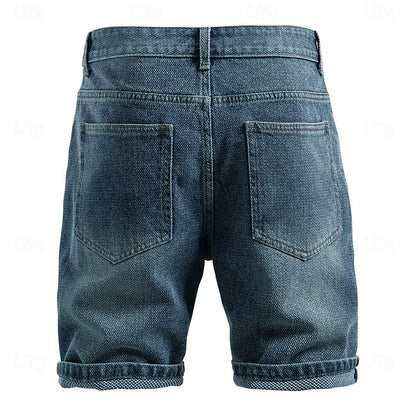 Knee-Length Texture Jean Shorts - oukumen