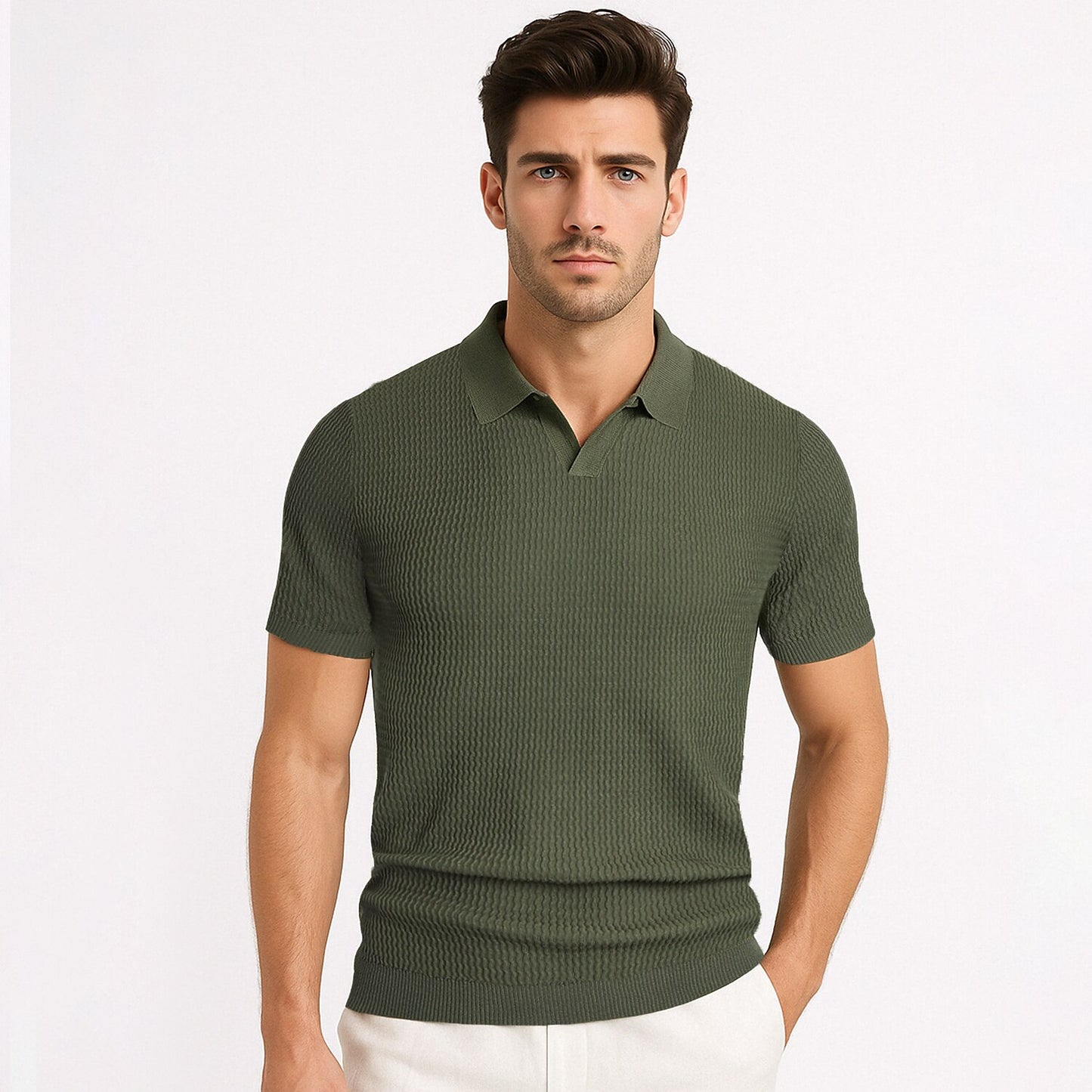 Textured Knit Polo Shirt - oukumen