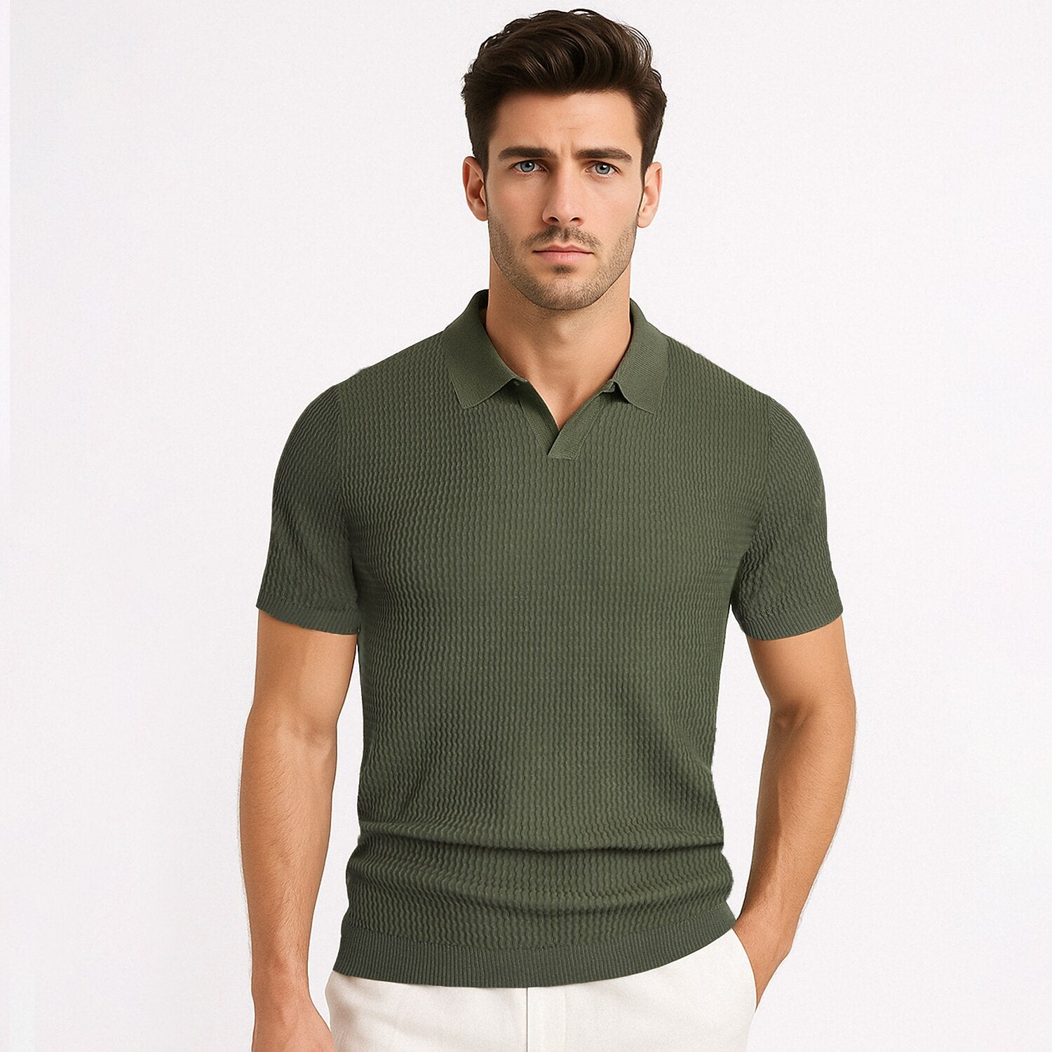 Textured Knit Polo Shirt - oukumen