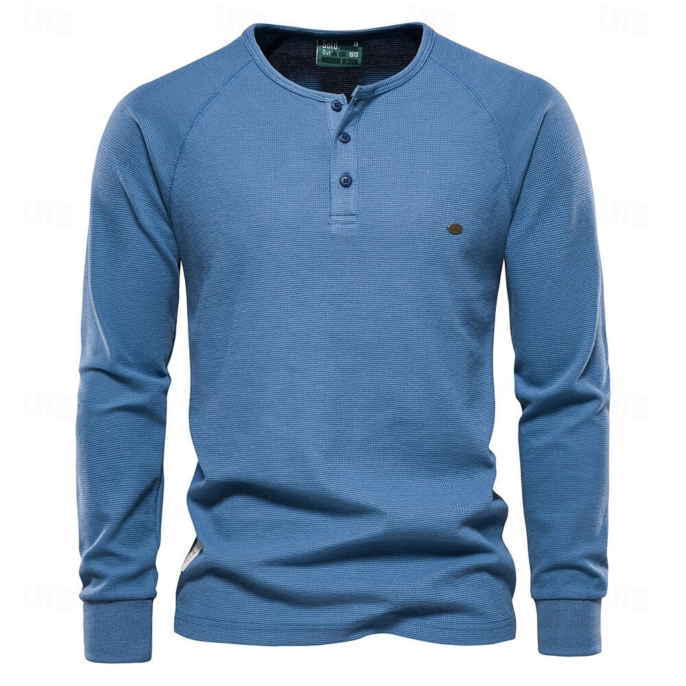 Waffle Henley Basic Long Sleeve T-Shirt - oukumen