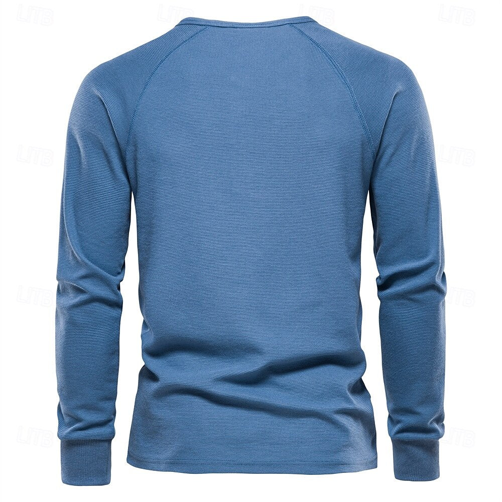 Waffle Henley Basic Long Sleeve T-Shirt - oukumen