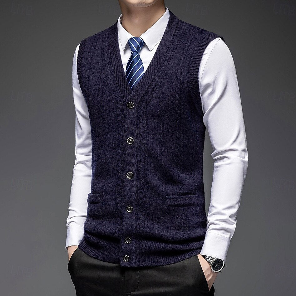 100% Wool V Neck Knit Sweater Vest - oukumen