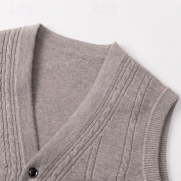 100% Wool V Neck Knit Sweater Vest - oukumen