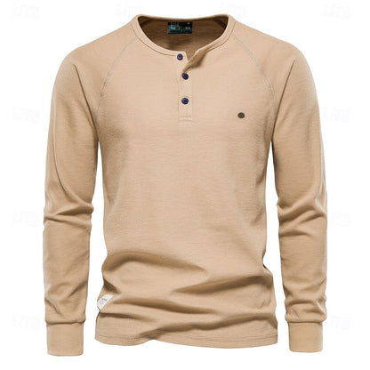 Waffle Henley Basic Long Sleeve T-Shirt - oukumen