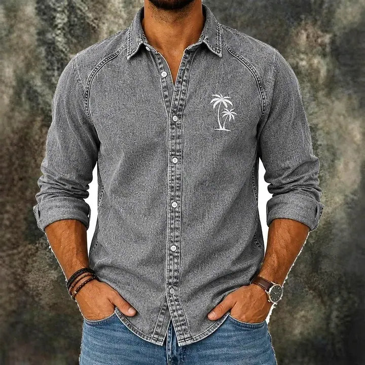 Embroidered Acid-Wash Denim Shirt