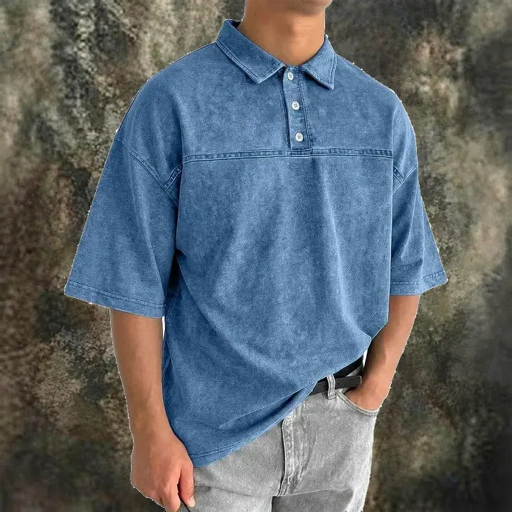 Color-Block Acid-Wash Polo Shirt