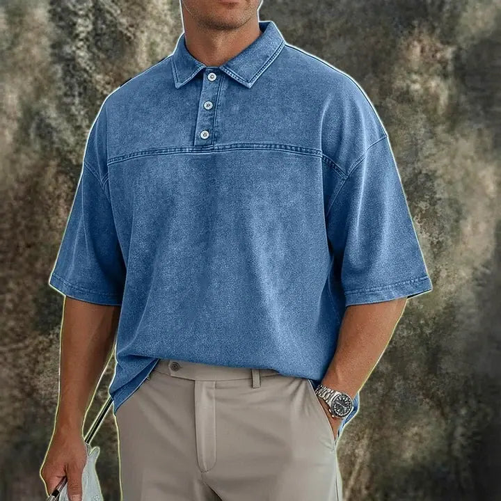 Color-Block Acid-Wash Polo Shirt
