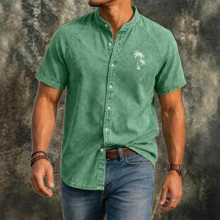Washed Mandarin-Collar Denim Shirt