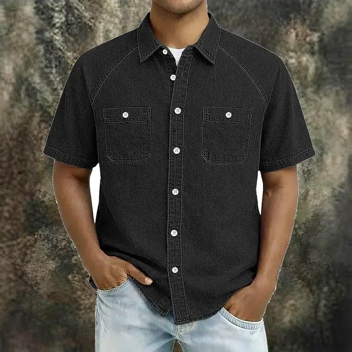 Washed Short-Sleeve Denim Shirt