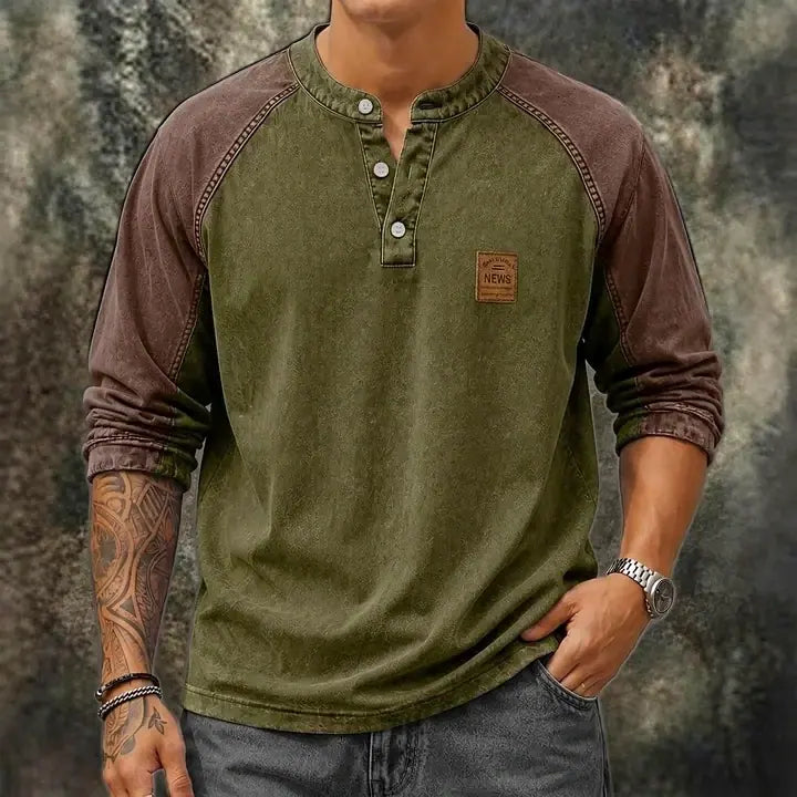 Color-Block Acid-Wash Henley Shirt