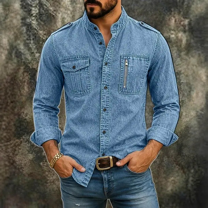 Acid-Wash Long-Sleeve Denim Shirt