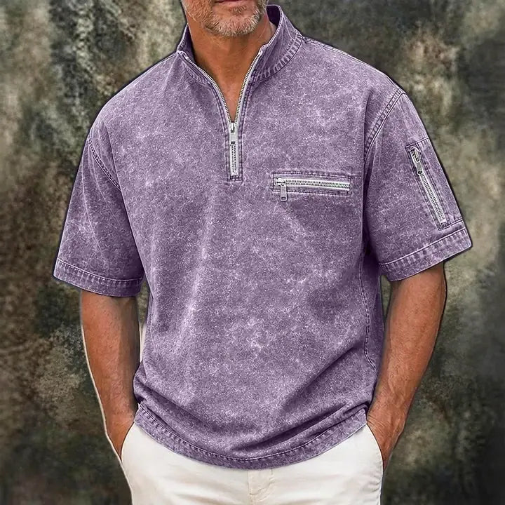 Color-Block Acid-Wash Polo Shirt