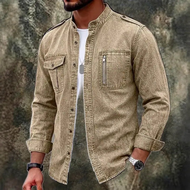 Zip-Pocket Long-Sleeve Denim Shirt