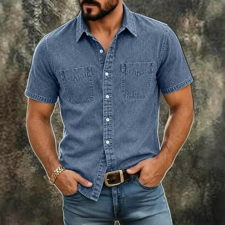 Washed Short-Sleeve Denim Shirt