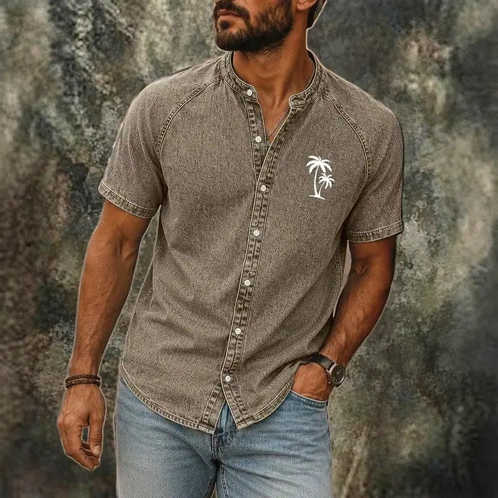 Washed Mandarin-Collar Denim Shirt