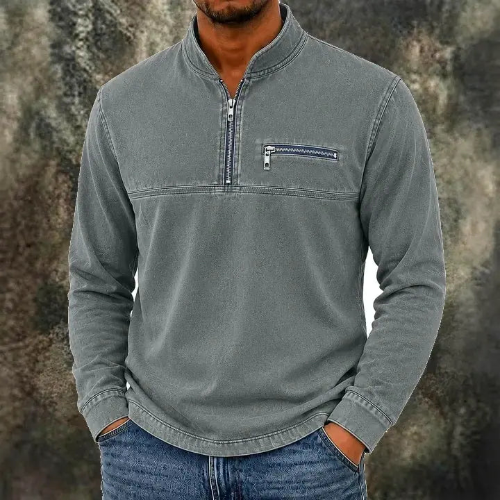 Acid-Wash Zip-Pocket Polo Shirt