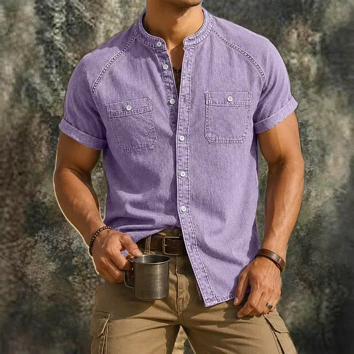 Acid-Wash Mandarin-Collar Denim Shirt