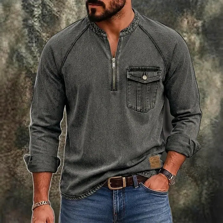 Distressed Long-Sleeve Henley Shirt