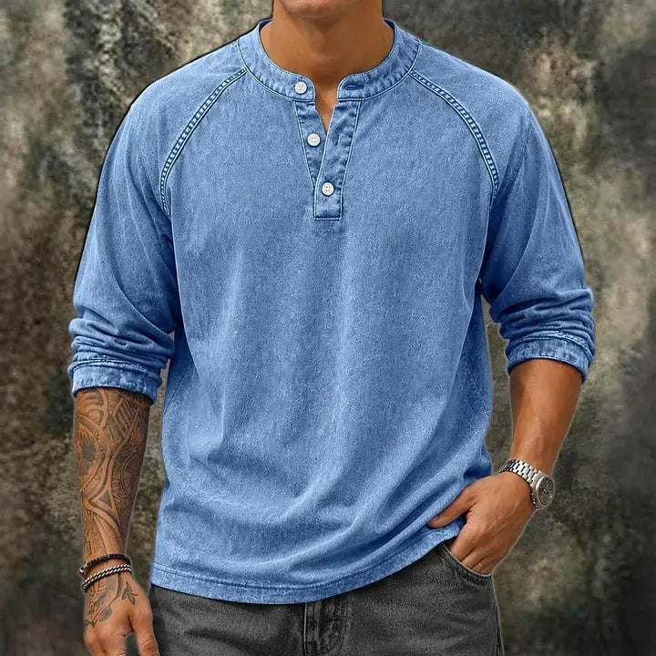 Washed Long-Sleeve Henley Shirt