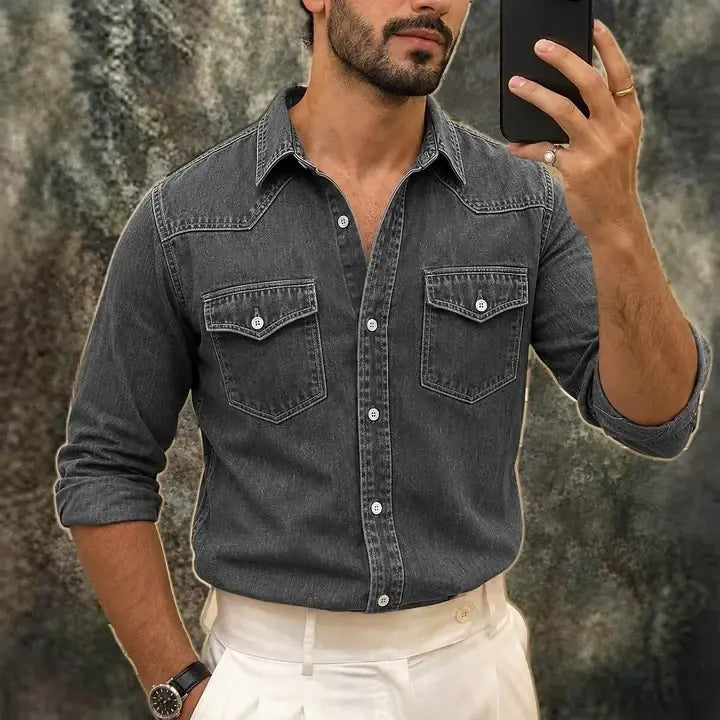 Washed Long-Sleeve Denim Shirt