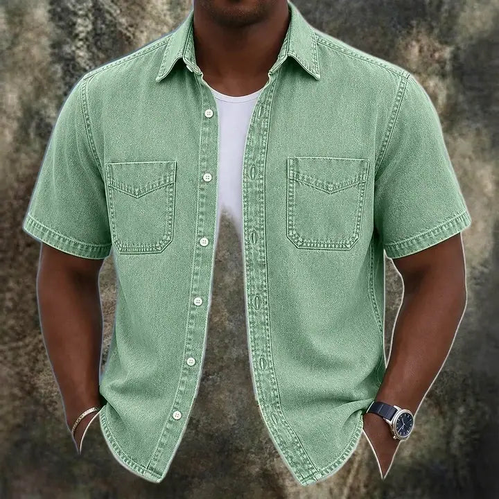 Washed Short-Sleeve Denim Shirt