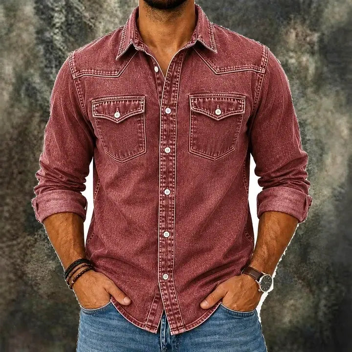 Acid-Wash Long-Sleeve Denim Shirt