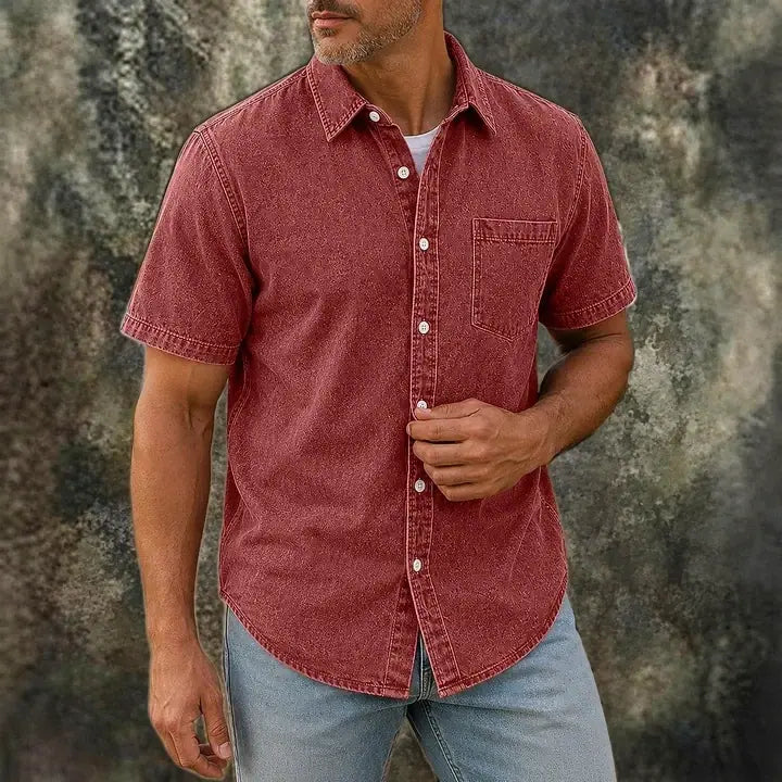 Washed Short-Sleeve Denim Shirt
