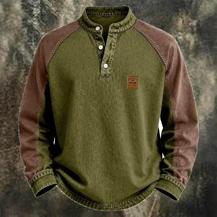 Color-Block Washed Henley Shirt