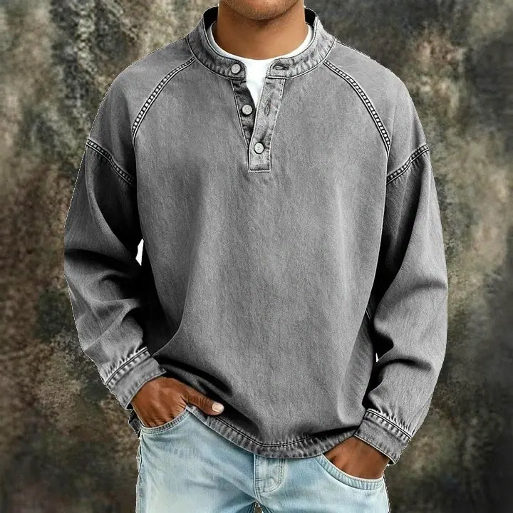 Acid-Wash Long-Sleeve Henley Shirt