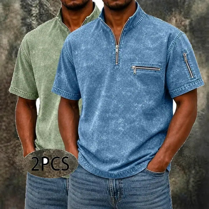Acid-Wash Zip-Pocket Polo Shirt