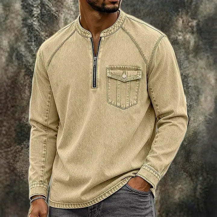 Distressed Long-Sleeve Henley Shirt